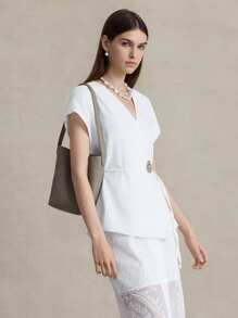 Briarwyn Women's Solid Color Overlap V-Neck Batwing Short Sleeve Lightweight Jacket Summer Fall Women Clothes Old Money Clothes Business Casual Woman All White Party Women Going Out Tops Women