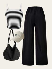 Explorewe 2件套青少年女孩简约条纹背心和休闲宽松裤套装 - 黑色 - 查看 8