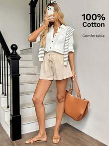 Easowa 教师女士休闲舒适松紧腰棉质短裤，适合日常休闲和复古，夏季可爱短裤宽松短裤夏季短裤舒适短裤低腰短裤女士沙滩短裤 - 杏色 - 查看 5