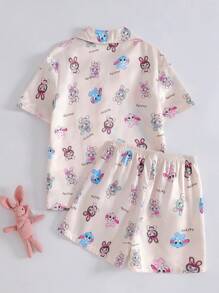 Bộ đồ ngủ cardigan và quần short vải lụa giả in hình quái vật cho bé gái tuổi mới lớn, đồ ngủ chống cháy Kawaii, đồ ngủ hoạt hình thời trang trở lại trường - Nhiều màu - Xem 2
