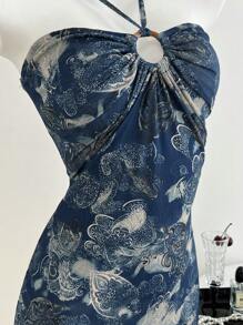Elamini Women Sexy Summer Rockabilly Paisley Mesh Fabric Vacation Resort Style Resin Circle Decor Spaghetti Strap Camisole Slip Dress - Blue - View 4