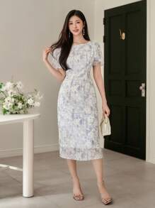 DAZY Women Ditsy Floral Ruffle Sleeve Mid-Length Dress, Elegant Style Easter - Light Grey - View 3