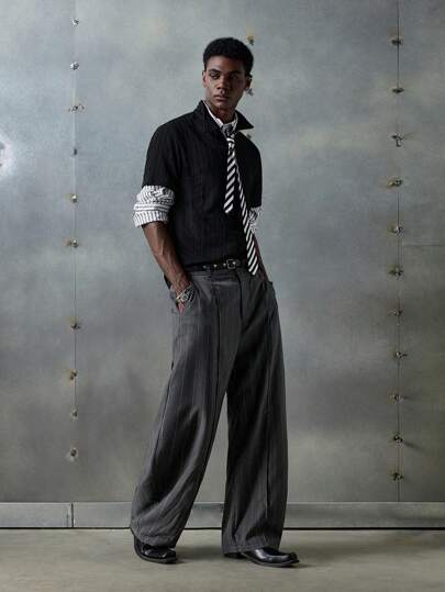 NEON BLANC Men Street Fashion Woven Vertical Striped Long Pants, Fall