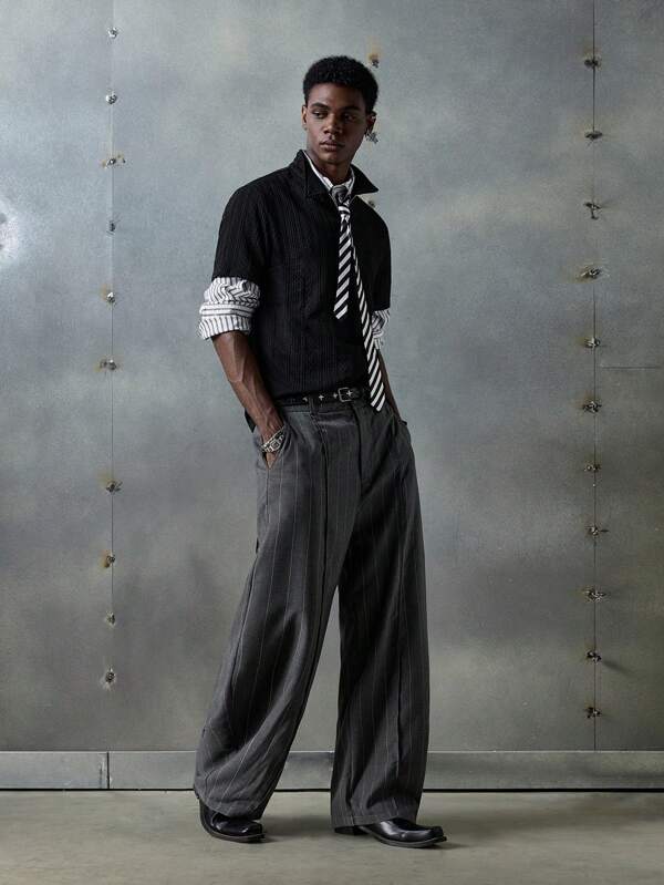 NEON BLANC Men Street Fashion Woven Vertical Striped Long Pants, Fall