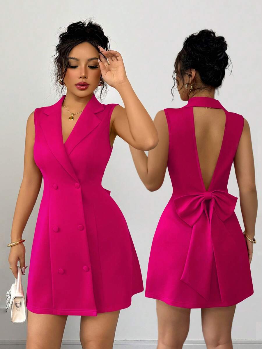 Elenzga 全新女式西装领双排扣深 V 领蝴蝶结设计无袖修身迷你连衣裙，适合派对、约会、年轻、优雅、小巧性感 - 玫紅色 - 查看 1