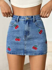 SHEIN Summer Cherry Embroidery Denim Mini Skirt - Light Wash - View 3