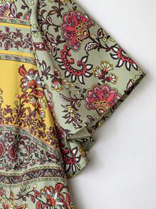 EMERY ROSE Plus Size Boho Beach Women Outfits V-Neck Vintage Printed Ruffle Sleeve Summer Holiday Dress - Olive Green - View 5