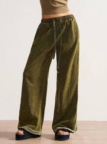 Bohemela 女士休闲纯色针织宽腿水洗宽松裤 - 軍綠色 - 查看 5