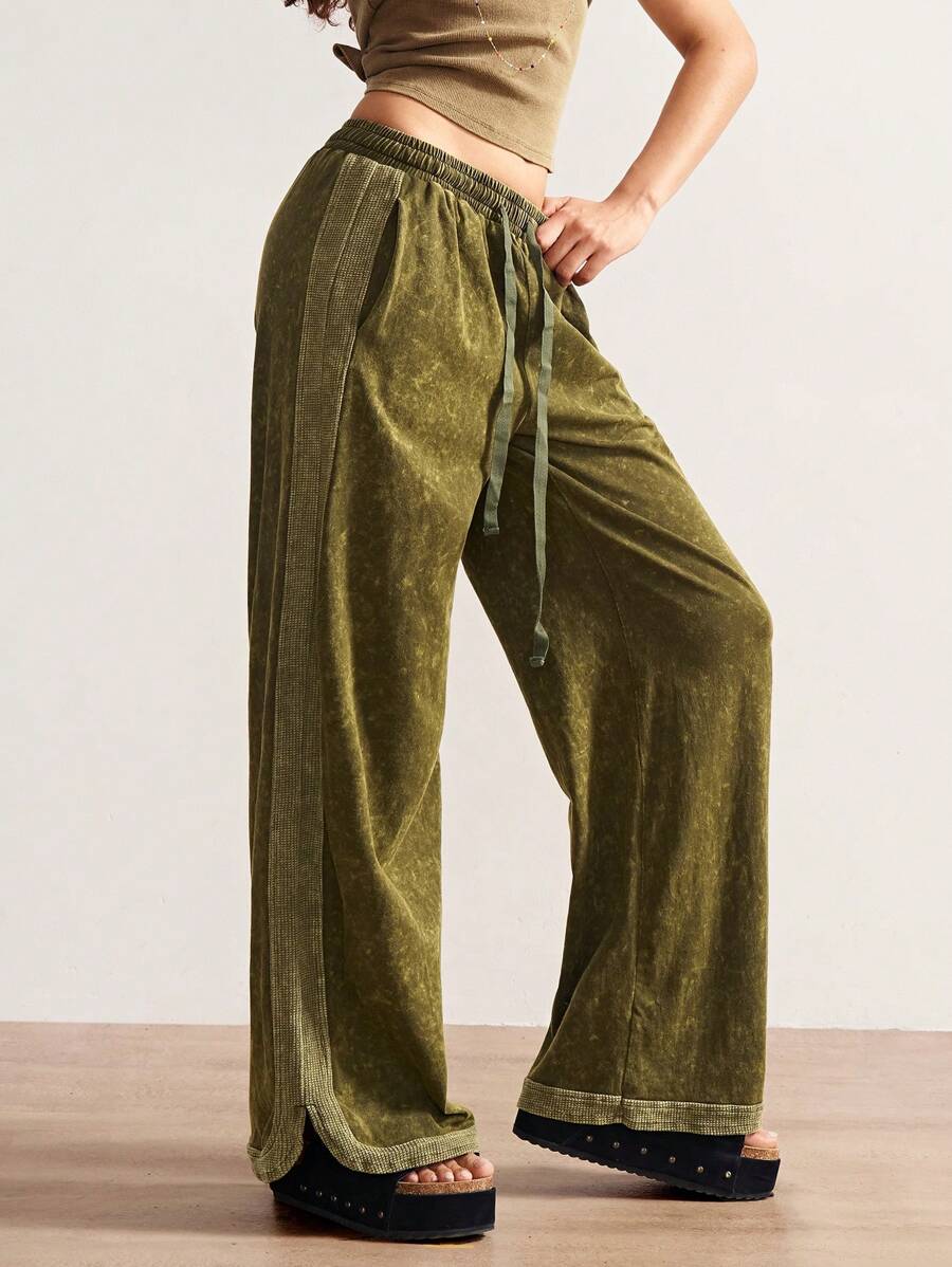 Bohemela 女士休闲纯色针织宽腿水洗宽松裤 - 軍綠色 - 查看 1