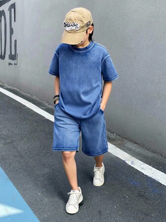 Tween Boy 2 stuks comfortabele zachte gebreide blauwe denim korte mouwen kleine ronde hals T-shirt top en losse wijde pijpen comfortabele zachte denim jongens shorts jeans voor jongenskostuum dagelijkse kleding en de vier seizoenen kinderkleding