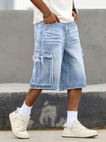 Manfinity Homme Men's Light Wash Denim Wide Leg 5 Inch Shorts - Light Wash - View 3