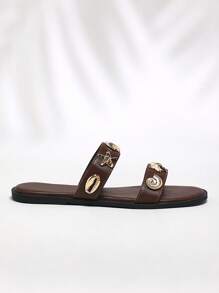 Solezae 百搭女士棕色 PU 双带拖鞋 金色贝壳图案防滑沙滩凉鞋 度假春夏母亲节礼物 - 咖啡棕 - 查看 6