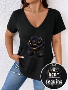 EMERY ROSE 大码女式仿玫瑰花朵印花V领短袖休闲度假T恤 - 黑色 - 查看 1