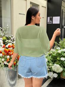 SHEIN EZwear 橄榄绿色透视大码女式短袖轻便夹克 - 橄欖綠 - 查看 2