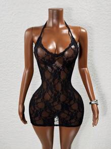 Mistrie Summer New Women's Sexy Black Lace Halter Tight See-Through Mini Dress - Black - View 5