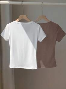 Comfortcana 2pcs/Set Summer Solid Henley Neck Embroidered Slim Fit Short Sleeve T-Shirt