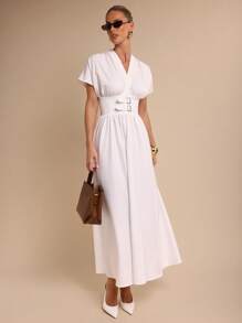 COSMINA Váy ngắn tay tối giản màu trơn dành cho nữ, mặc hàng ngày - trắng - Xem 3