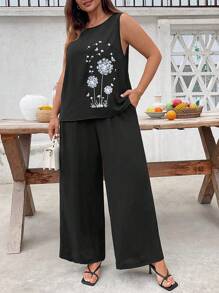 Linhara Plus Size Casual Dandelion Print 2 Pieces Set