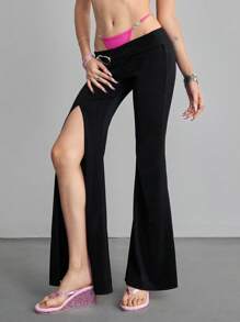 ROMWE Kawaii Women's Fashion Sexy Heart Rhinestone Slit Bell-Bottom Pants - Black - View 6