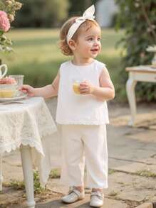 SHEIN 2pcs/Set Baby Girl Summer&Autumn Casual Style Outfit Sleeveless Flower Embroidery Top&Long Pants - White - View 3