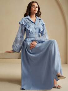 Anewsta Đầm ôm cổ thêu hoa thanh lịch và thời trang, buộc eo - Màu xanh lam - Xem 6