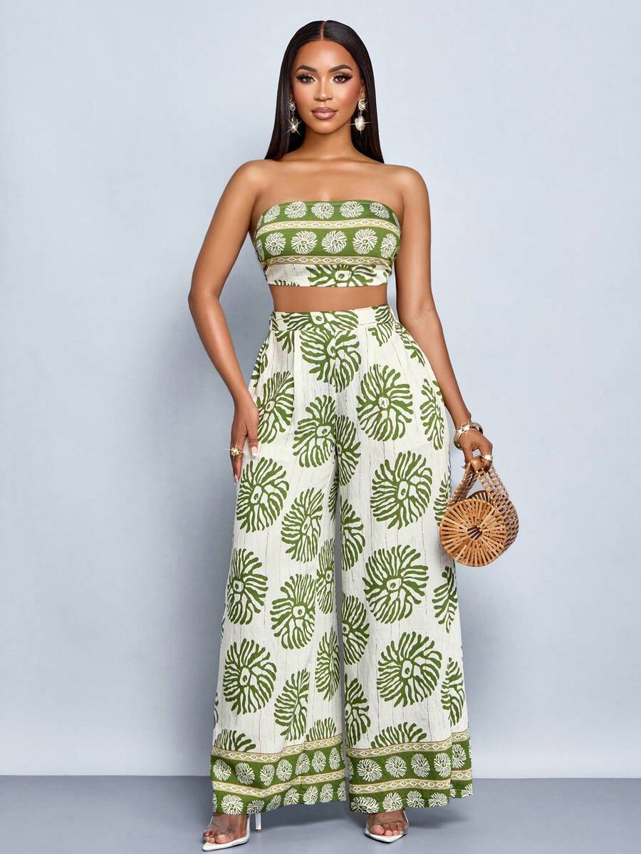 SOLERSUN 女式波西米亚风热带印花系带前抹胸上衣和口袋阔腿裤两件套，夏季海滩度假装 - 綠色 - 查看 1