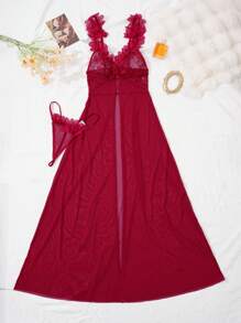Seduluxe 2-Piece Set: Wedding Lace Contrast Mesh Floral Maxi Nightgown With G-String - Burgundy - View 7