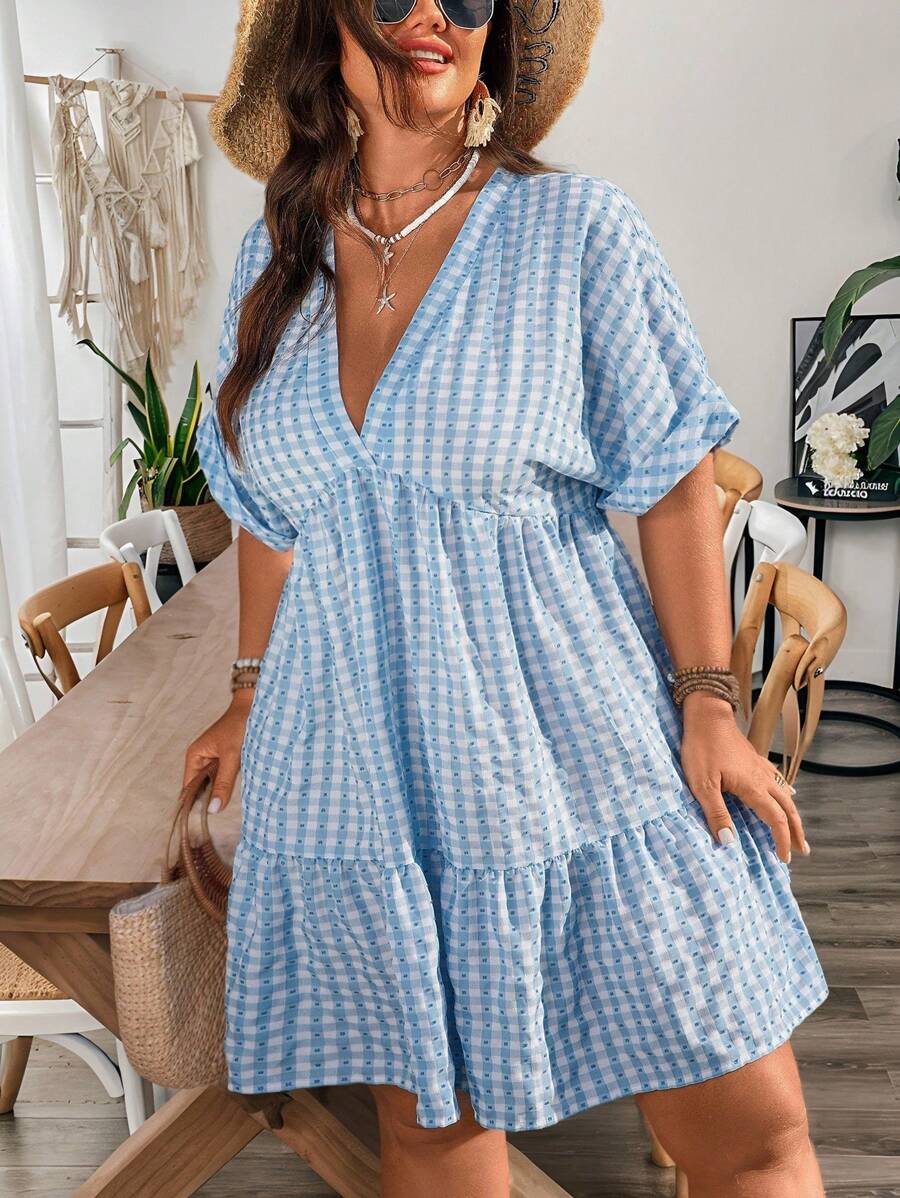 SHEIN LUNE Vestido de verano informal para vacaciones de talla grande con estampado de textura a cuadros - Azul y blanco - Ver 1