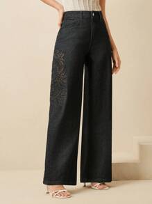 Anewsta 女士新款精致镂空刺绣情人节黑色直筒牛仔裤 - 黑色 - 查看 4