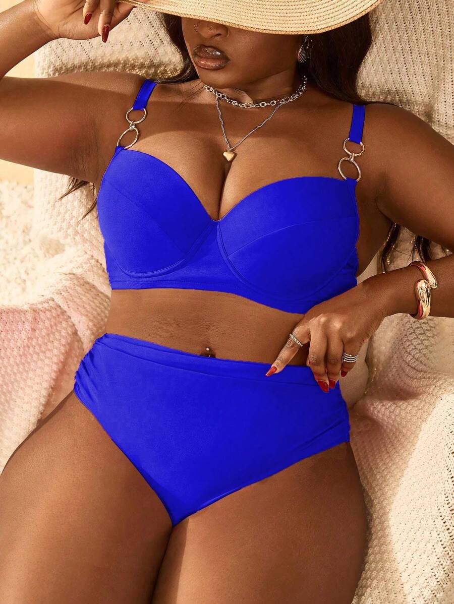 Slaydiva Plus Size Women 2 Pieces Solid Magenta Color High Waist Ruffled Triangle Swimsuit With Underwire & Adjustable Strap For Summer Beach Vacation - Blue - View 1