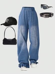 1pc Teen Girl Flare Hem Pocket Design Casual Trousers, Versatile & Cute - Light Wash - View 3