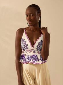 CAJUNI 女士波西米亚风彩色热带花卉印花深V领吊带露脐背心，休闲沙滩装，适合夏季度假