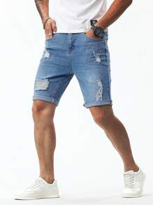 Manfinity Homme Men's Pocket Ripped Cuffed Casual Versatile Denim Shorts Ripped Jorts - Light Wash - View 6