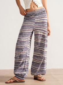 Bohemela 大码女式休闲日常通勤度假街头时尚低腰拼布口袋多色条纹图案抽绳下摆毛衣裤秋冬女装 - 彩色 - 查看 11