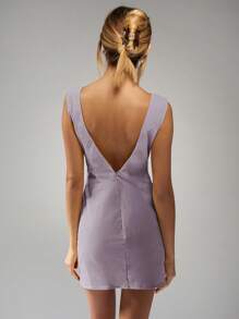 MISSGUIDED Mini Dress With Deep V Back Chic Evening Party Wedding Guest Formal Sleeveless Above Knee Length Summer Spring Elegant - Lilac Purple - View 2