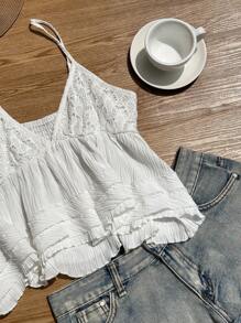 Comfortcana 夏季休闲白色女式蕾丝拼接荷叶边下摆吊带背心 - 白色 - 查看 4
