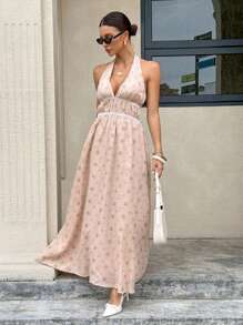 Siren Gaze Elegant Dusty Rose Embroidered Halter Neck Long Dress,Women's Summer Holiday Vacation Open Back Waist A-Line Linen Dress For Party,Casual Wear - Apricot - View 3