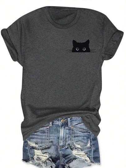 Calvaya Plus Size Casual Cute Cat Print Short Sleeve T-Shirt, Summer Graphic Tees Women Tops
