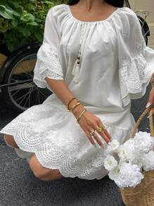 SHEIN EZwear Vacation Dress  Women's Vacation Burnout Embroidered Tie Front Bell Sleeve Solid Color Loose Dress