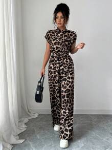 Rafferiza 女式优雅立领前开短袖腰部修身阔腿连体裤 - 咖啡棕 - 查看 6