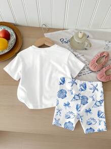 SHEIN 2 件套可爱海洋生物、贝壳、蝴蝶结印花休闲夏季服装 - 适合年轻女孩的短袖上衣和短裤套装，非常适合度假、海滩周末、可爱夏季服装、夏季儿童用品、韩式风格、海滩模式、夏季出游物品 - 彩色 - 查看 3