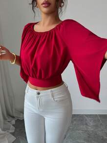 SHEIN Clasi 女士纯色圆领蝴蝶结后背装饰短袖优雅衬衫，夏秋季女装返校季 - 酒紅色 - 查看 5