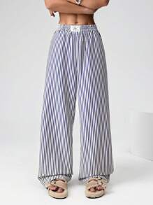 SHEIN EZwear Quần ống rộng dệt sọc thường ngày cho nữ - Xanh và trắng - Xem 6