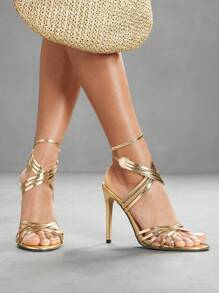 CUCCOO SZL Women's Sexy Fashion Thin Strap Round Toe High Heel Sandals, Casual Versatile Ankle Strap Gold Heeled Shoes
