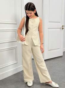 SHEIN Conjunto de niña preadolescente de top de punto con líneas a rayas y pantalón recto de pierna ancha a juego, de estilo casual elegante y deportivo, color albaricoque - Albaricoque - Ver 6