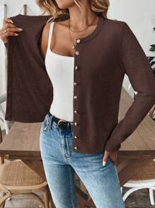 Franclia Women Casual Solid Color Long Sleeve Cardigan Fall Winter Cloth For Women - Coffee Brown - View 7