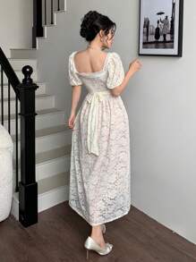 Modelyn Đầm midi thắt eo ren lãng mạn cho nữ, thanh lịch và thời trang - trắng - Xem 2