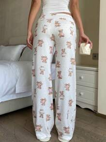 Pantaloni ampi da yoga in maglia bianca con stampa di orsetto teddy a vita bassa con laccetto, abbigliamento casual per la casa, adatto per l'estate, per ragazze adolescenti