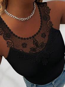 SHEIN LUNE Áo ba lỗ viền ren cỡ lớn cho nữ, cổ tròn không tay bó sát - màu đen - Xem 1