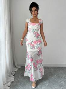 Selianne 女式花卉印花荷叶边修身优雅连衣裙